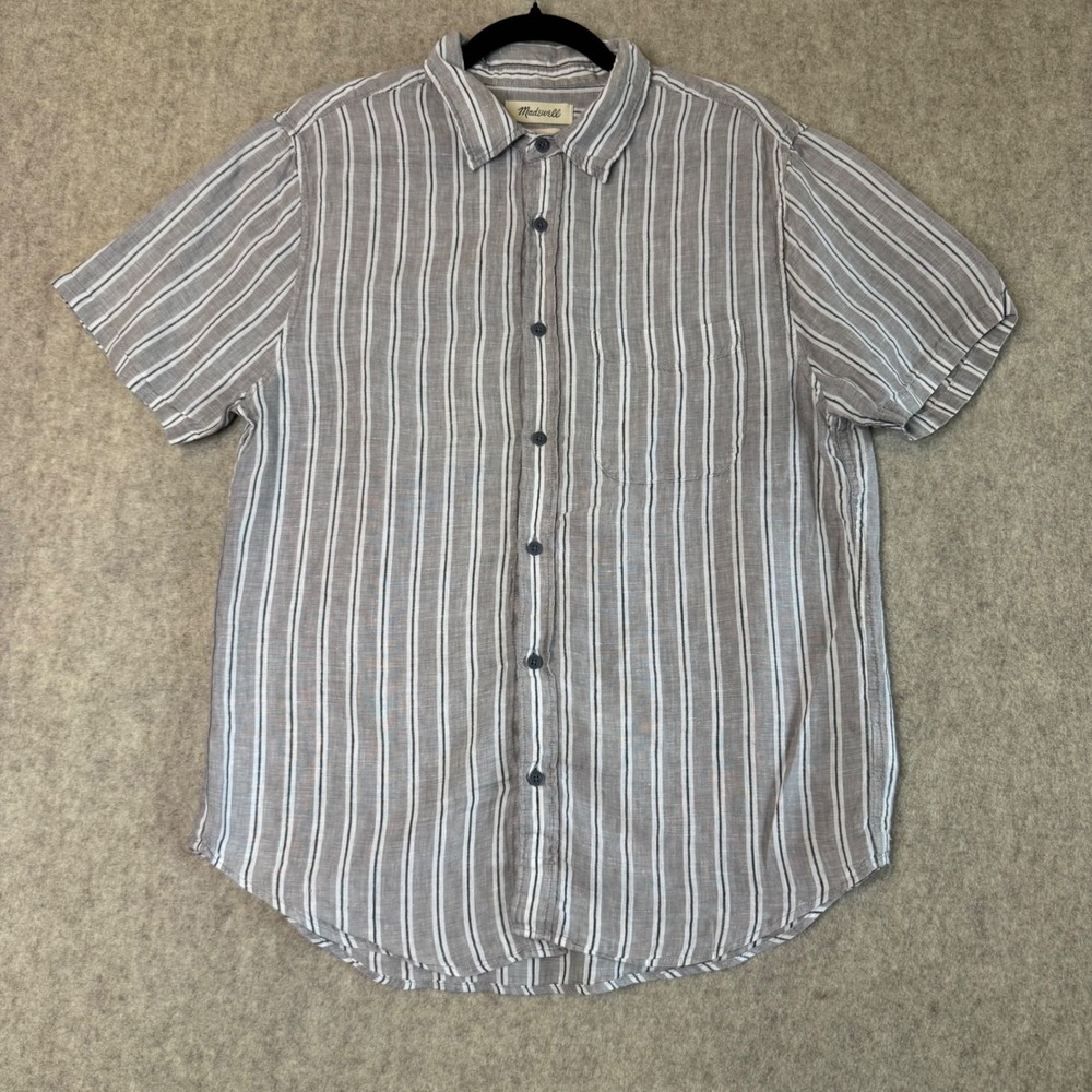 Madewell Perfect Fit 100% Linen Short Sleeve Shirt Mens Medium Grey Striped